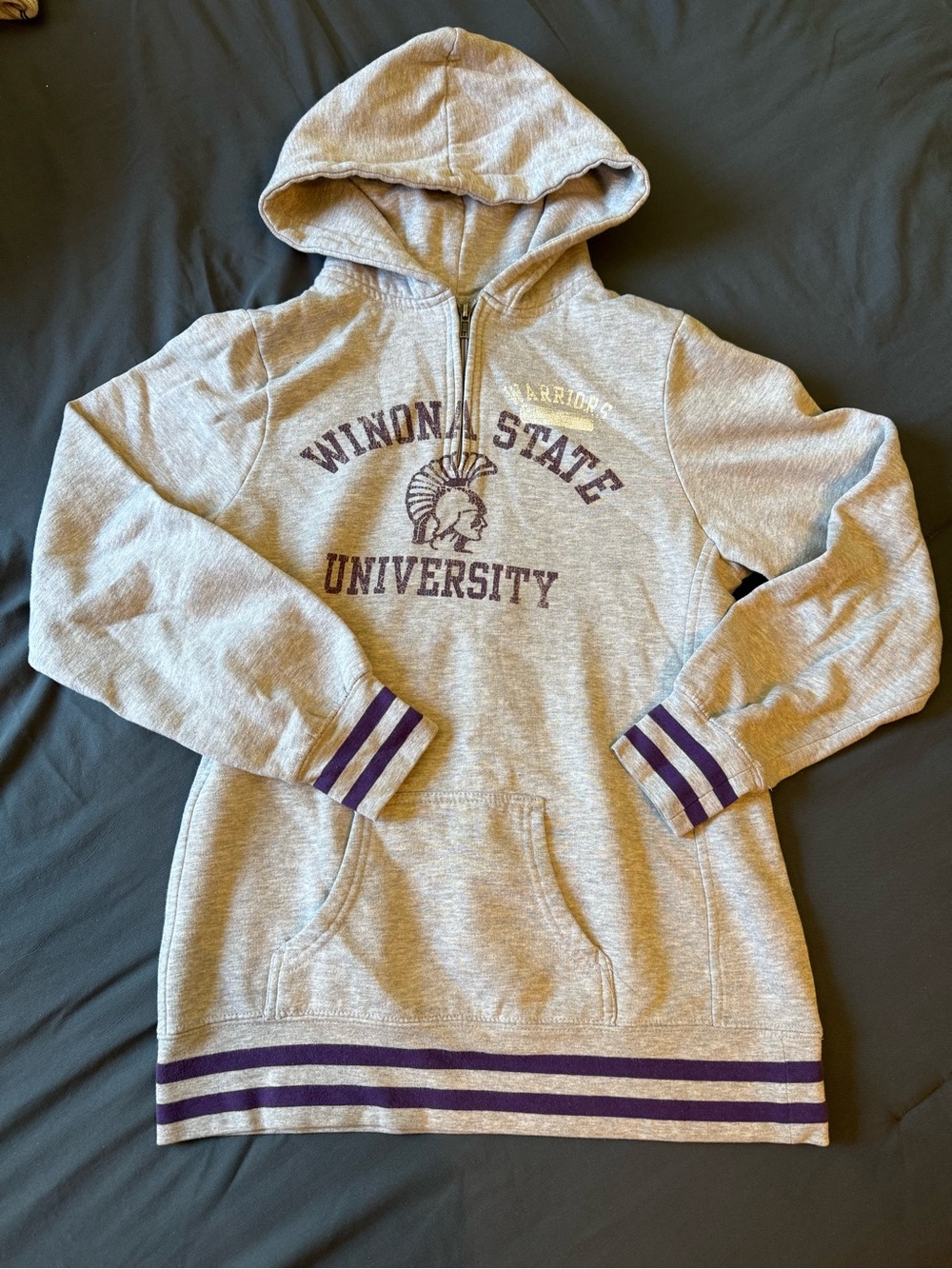 Winona State University Women's Gray Hoodie with Purple Trim